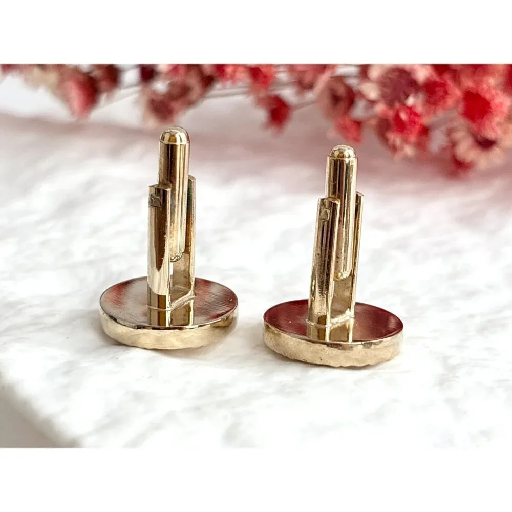 Knurled Textured 80's Style Retro Gold Toned Round Vintage Cuff Links